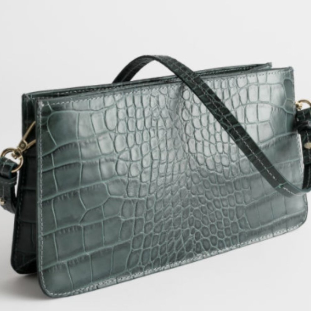 & Other Stories Leather Croc Embossed Emerald Bag